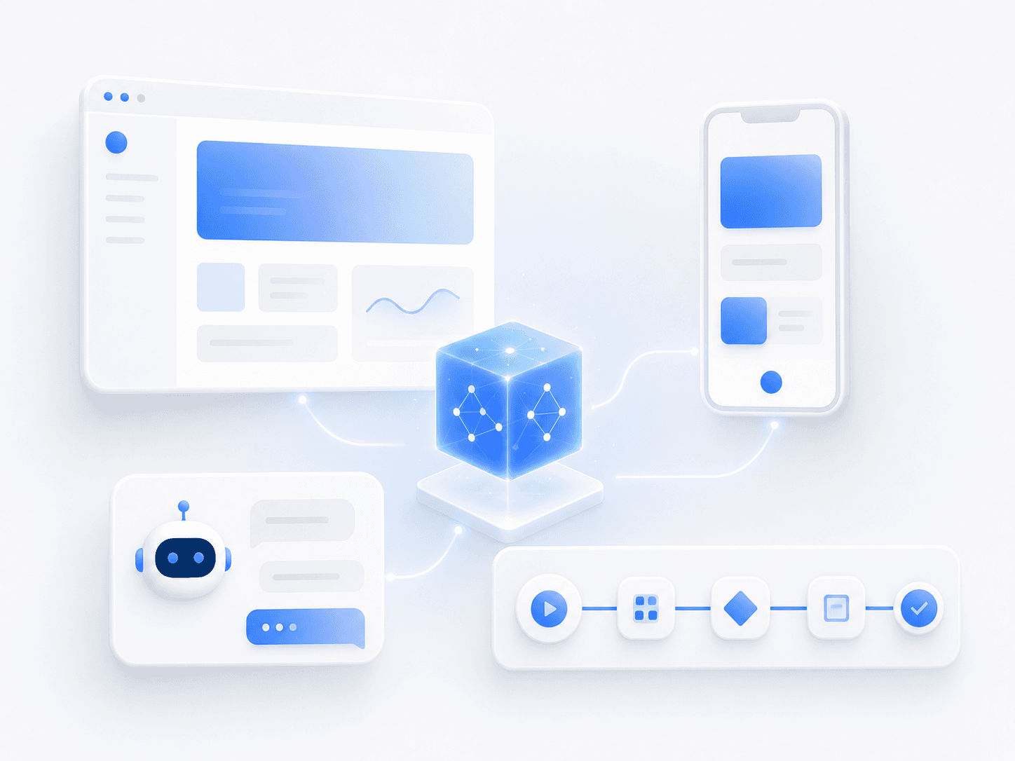 Illustration of devio's work — web apps, mobile apps, chatbot, and automation pipeline connected by an AI core