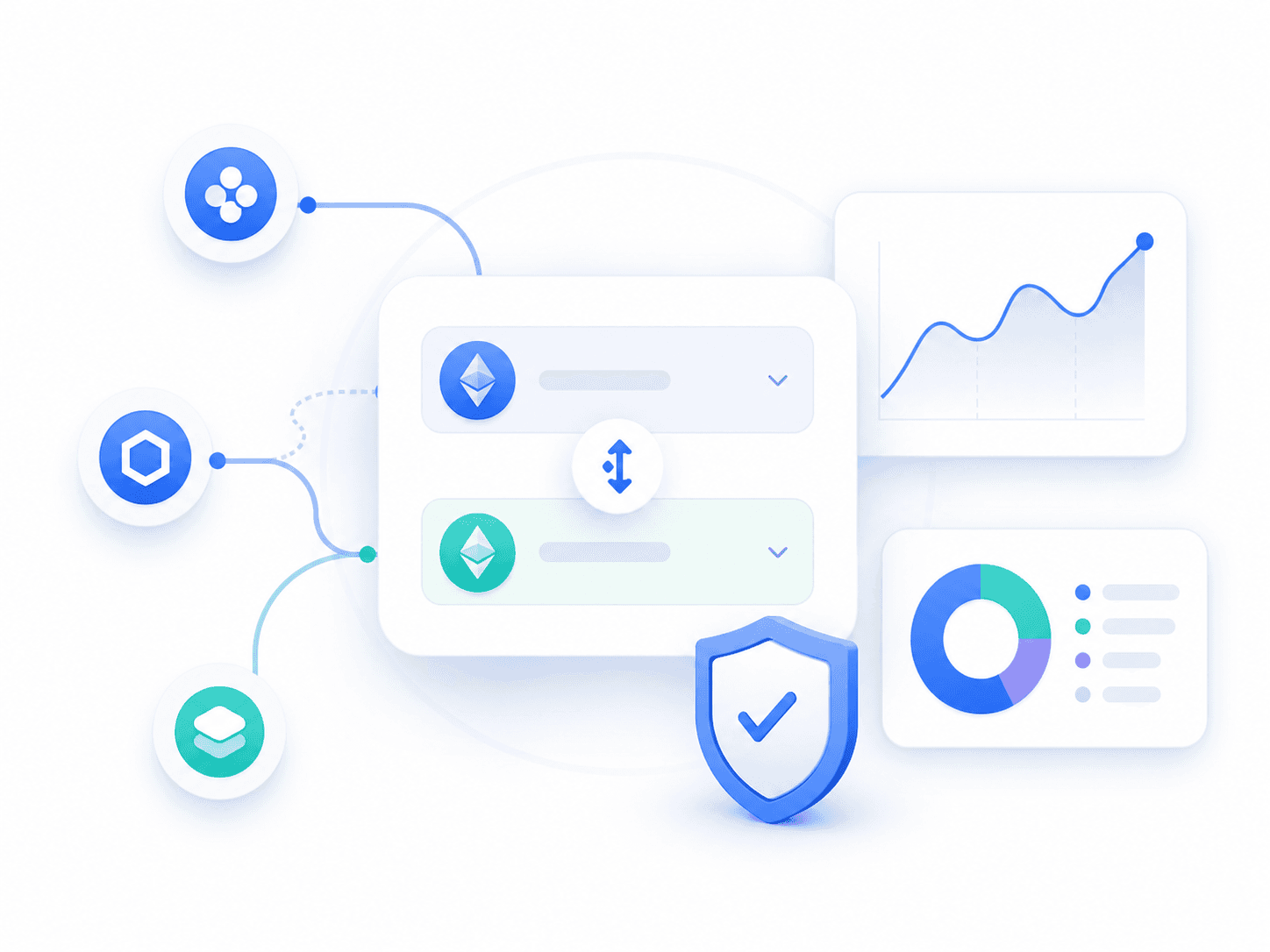 Illustration of KULAP — token swap interface routing across DeFi protocols with charts and a security shield