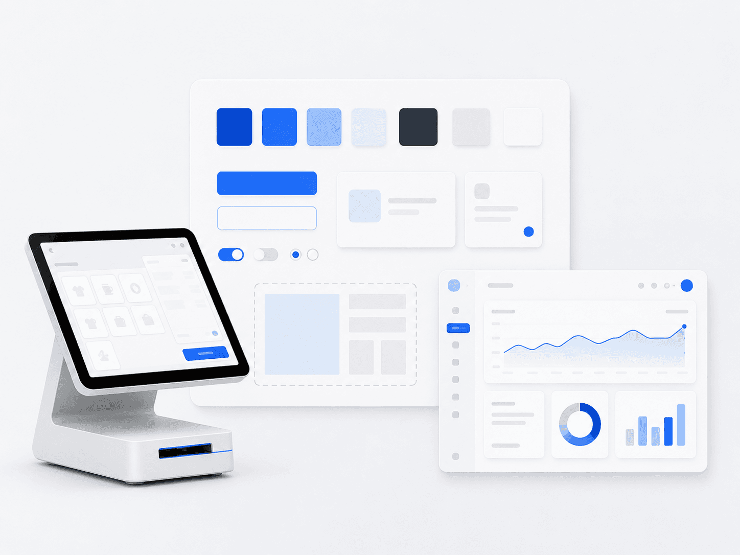 Illustration of a POS terminal beside a design-system sheet — color tokens, components, and back-office dashboard